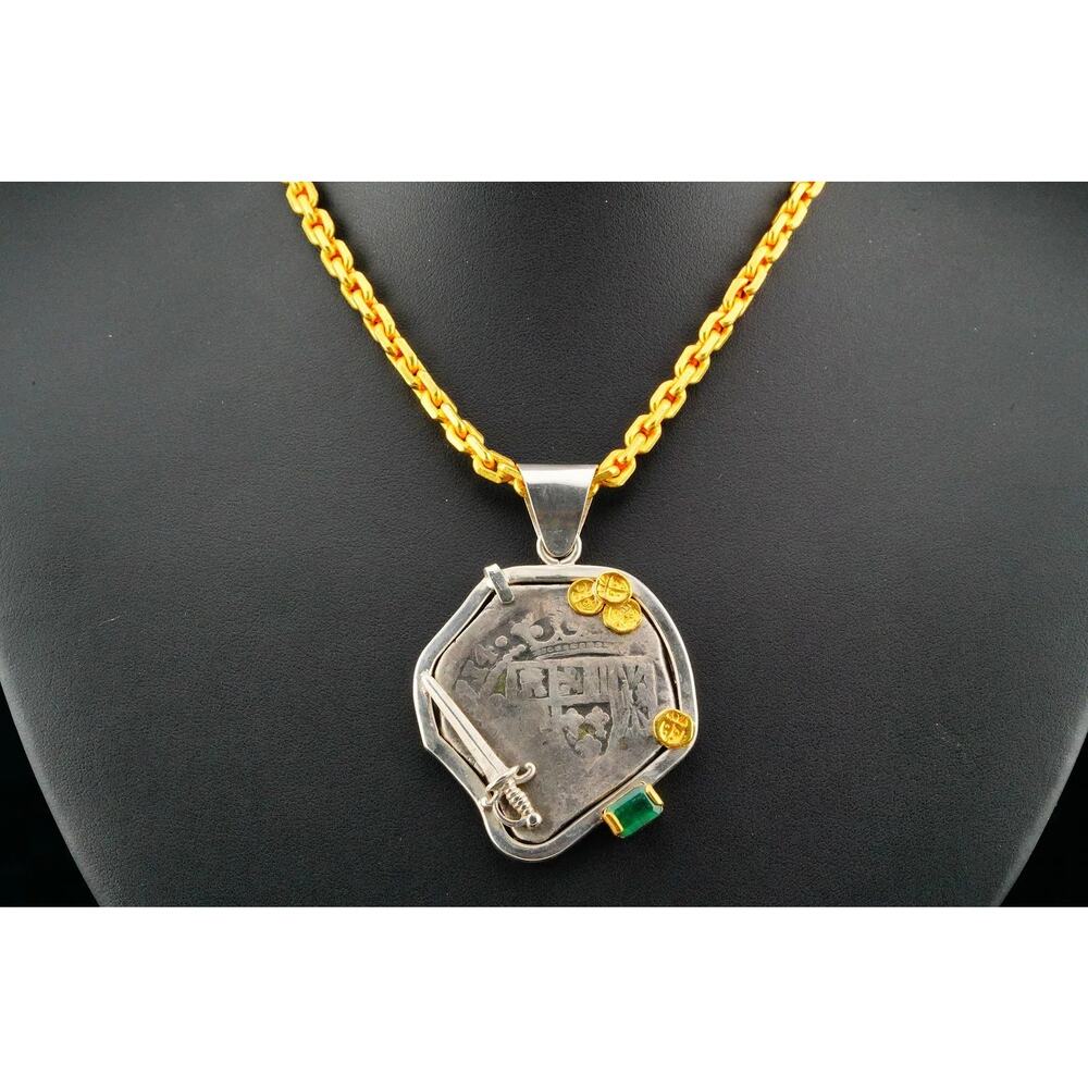1715 Fleet Shipwreck Silver Coin Pendant on 24k Gold Necklace